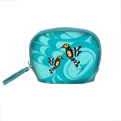 Teal coin purse with bird design on a white background