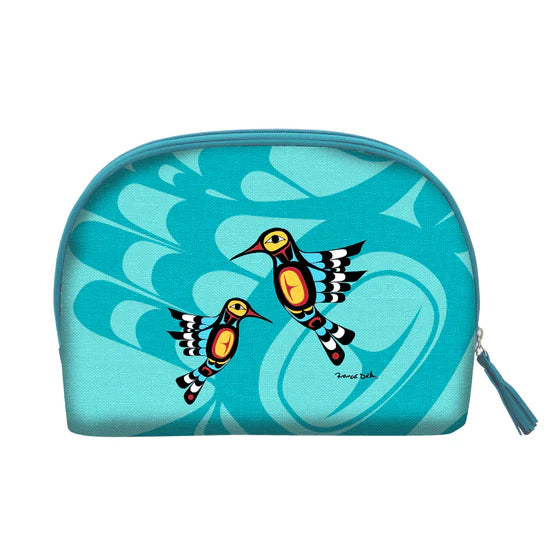 Cosmetic bag with bird design on a blue background