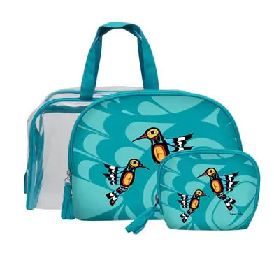 Hummingbird Cosmetic Bag Set featuring three bags with vibrant hummingbird designs by artist Francis Dick.