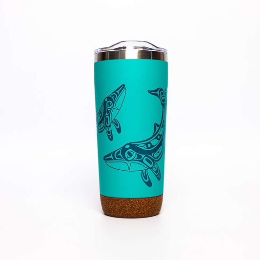 Humpback Whale Cork Base Travel Mug with teal design and cork base, perfect for hot and cold beverages.