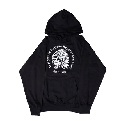 A black pullover hoodie with a white circular graphic on the chest featuring a Native American headdress illustration and the text 'Indigenous Nations Apparel Company' and 'Estd. 2021'.