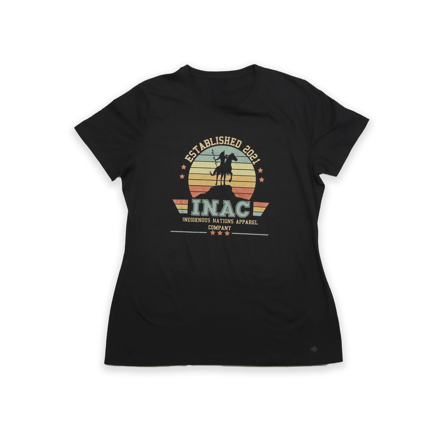 Black t-shirt with a graphic design on a white background