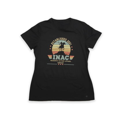 Black t-shirt with a graphic design on a white background