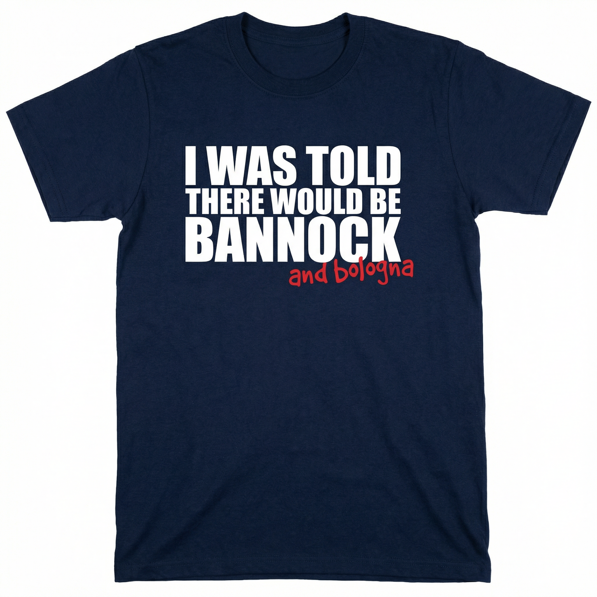 Navy blue t-shirt with white and red text on a white background