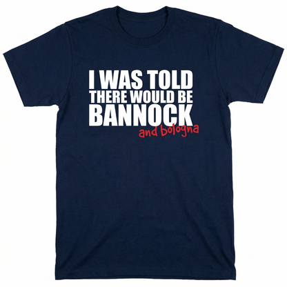 Navy blue t-shirt with white and red text on a white background