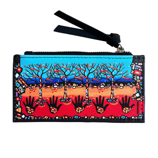 Colorful wallet with artistic design of hands and trees on a white background
