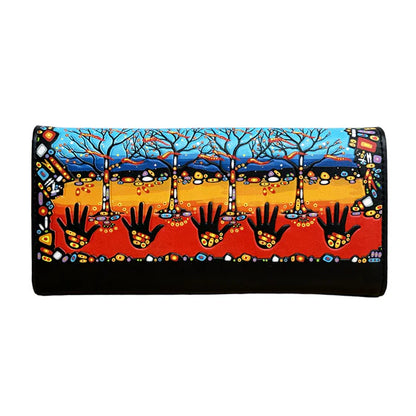 Colorful wallet with artistic design of trees and hands on a white background