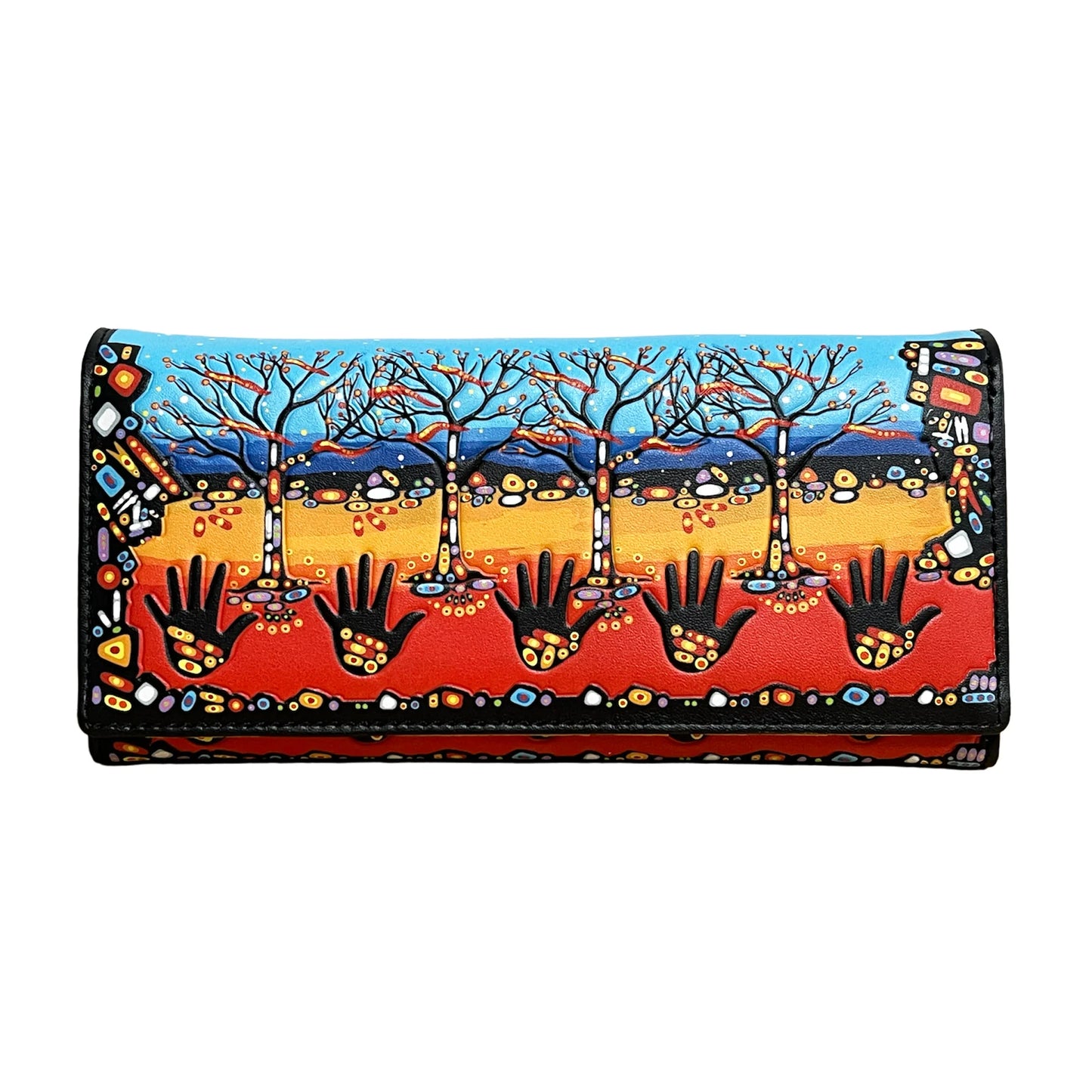 Colorful wallet with artistic design of hands and trees on a white background