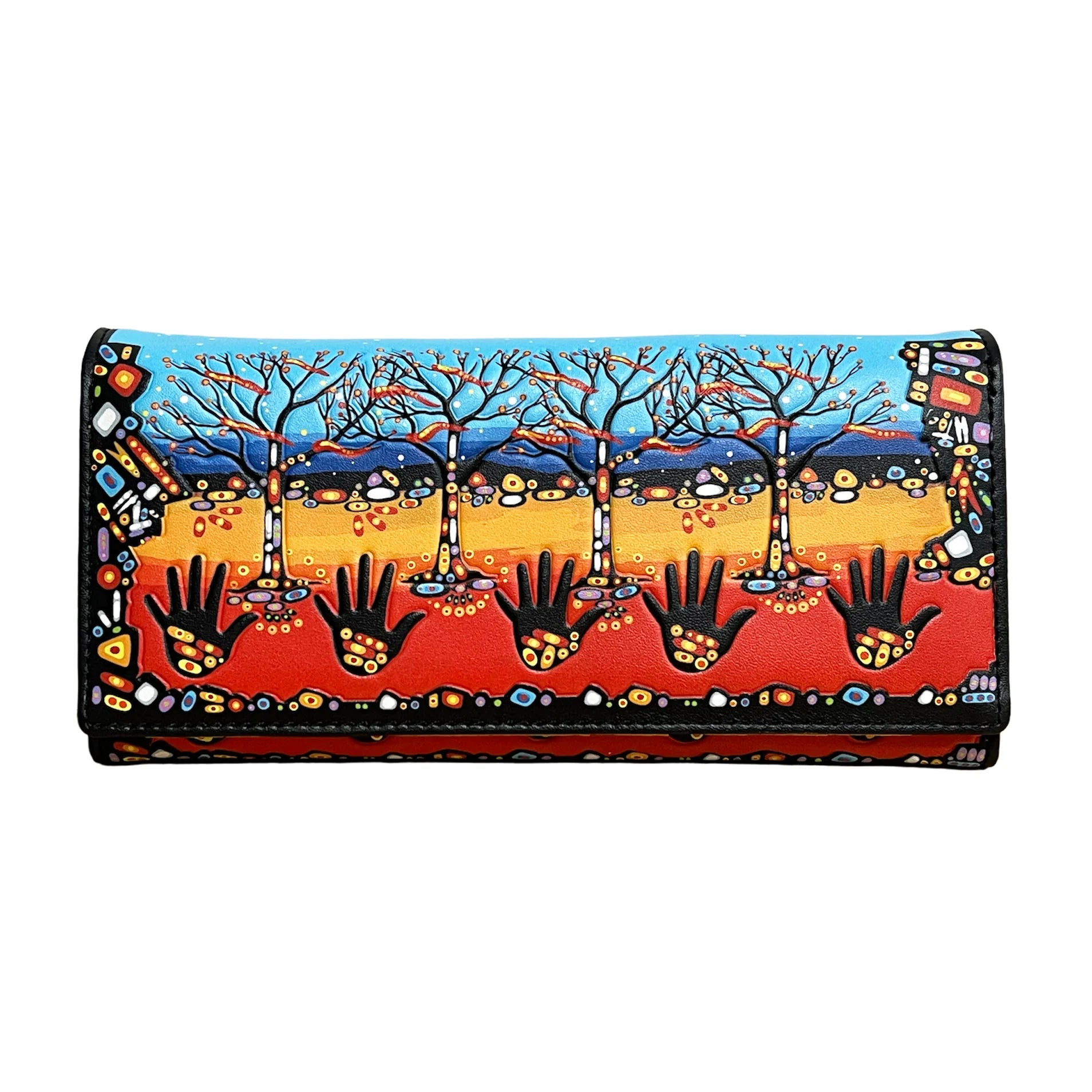 Colorful wallet with artistic design of hands and trees on a white background