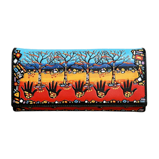 Colorful wallet with artistic design of hands and trees on a white background