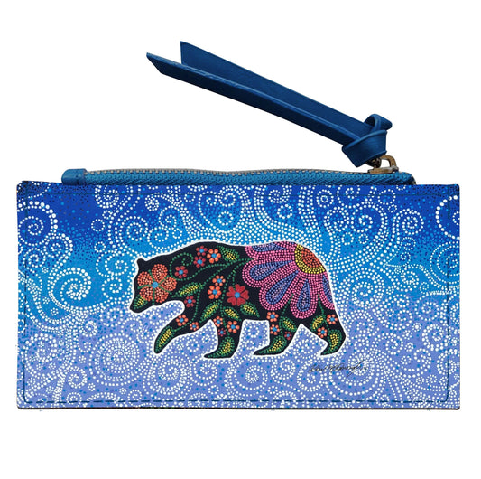 Celestial Bear Card Holder with colorful floral design by Mi'kmaw artist Kim McDonough, compact and stylish for everyday use.