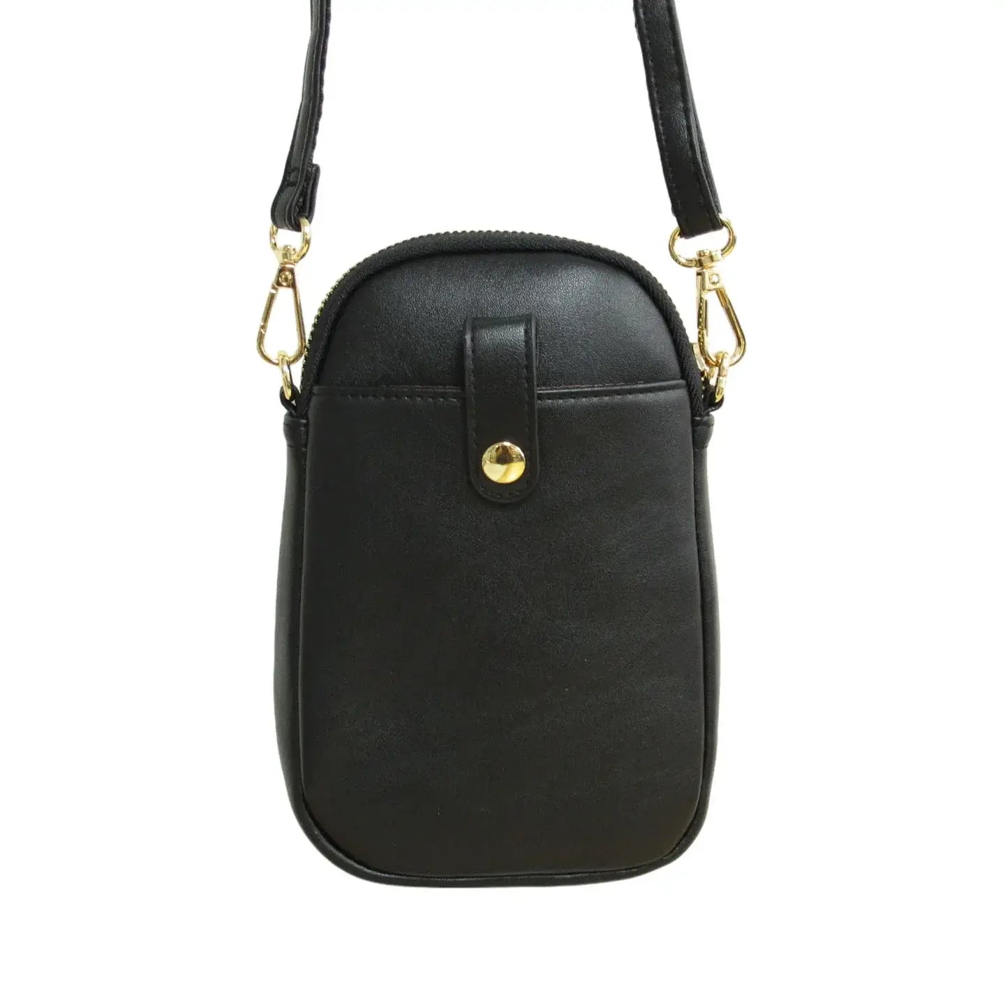 Leaf Dancer Phone Bag in sleek black synthetic leather with adjustable strap and gold hardware.