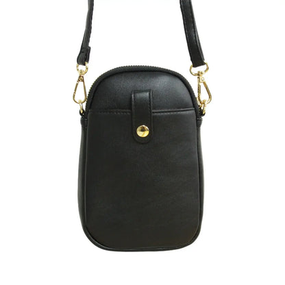 Leaf Dancer Phone Bag in sleek black synthetic leather with adjustable strap and gold hardware.