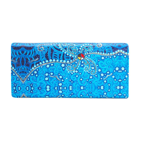 Blue patterned clutch bag on a white background