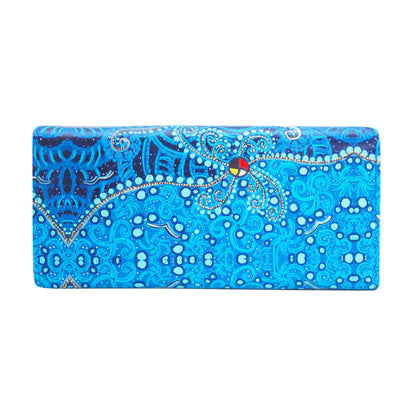 Blue patterned clutch bag on a white background