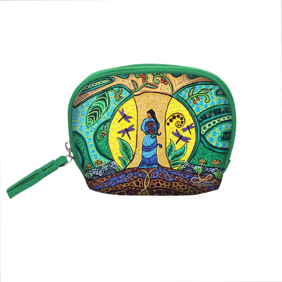 Colorful coin purse with artistic design on a white background