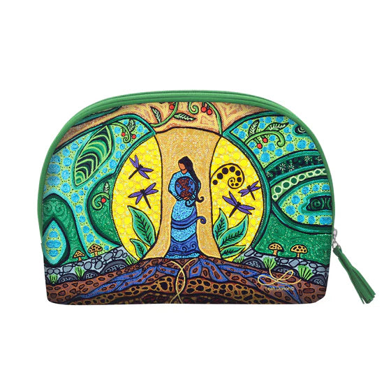 Colorful pouch with artistic design featuring a woman, dragonflies, and nature elements on a white background.