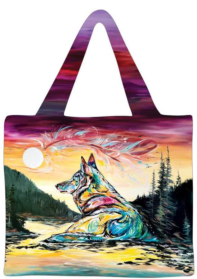 Reusable shopping bag with Lone Wolf Indigenous artwork, durable eco tote