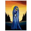 Artistic depiction of a hooded figure with a serene sunset background