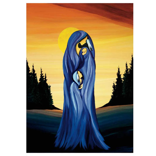 Artistic depiction of a hooded figure with a serene sunset background