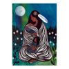 Artistic depiction of a woman in a patterned dress with a full moon and forest background