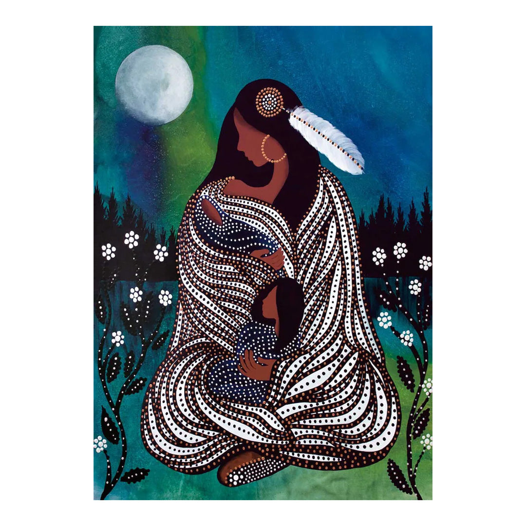 Artistic depiction of a woman in a patterned dress with a full moon and forest background