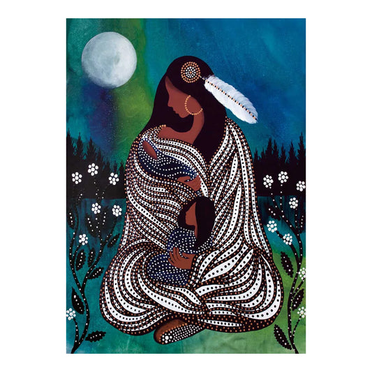 Artistic depiction of a woman in a patterned dress with a full moon and forest background