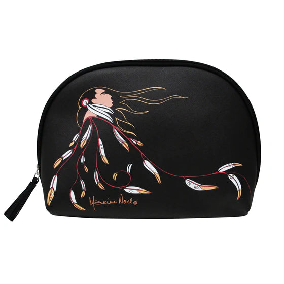 Black cosmetic bag with artistic design of a woman with flowing hair on a white background