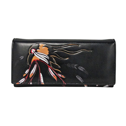 Black wallet with a colorful bird design on a white background