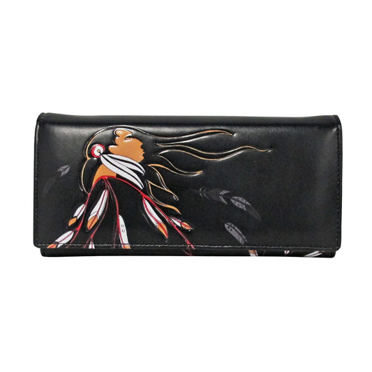 Black wallet with a colorful bird design on a white background