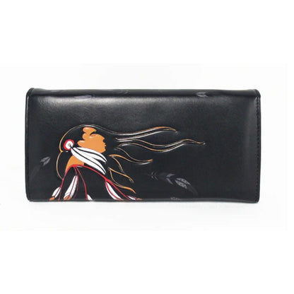 Black wallet with a colorful bird design on a white background