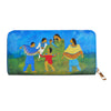 Colorful wallet with artistic depiction of people on a blue background