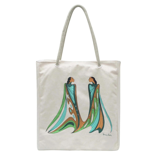 Tote bag with artistic design of two figures in flowing robes on a white background