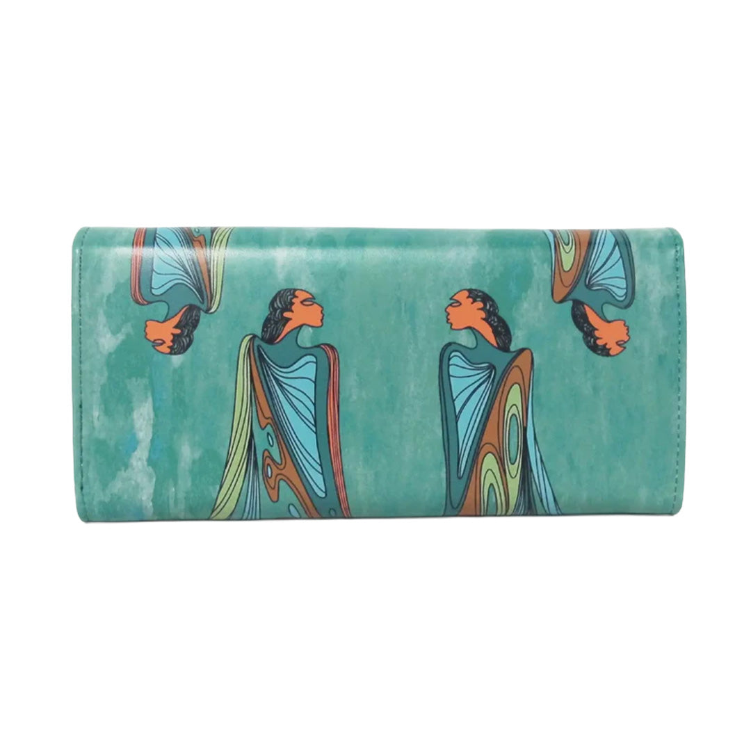 Wallet with artistic design of a woman and butterfly on a teal background