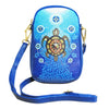 Medicine Turtle Phone Bag featuring a turtle design, crafted by artist James Jacko, in blue synthetic leather.
