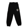 Black sweatpants with a colorful logo on a black background
