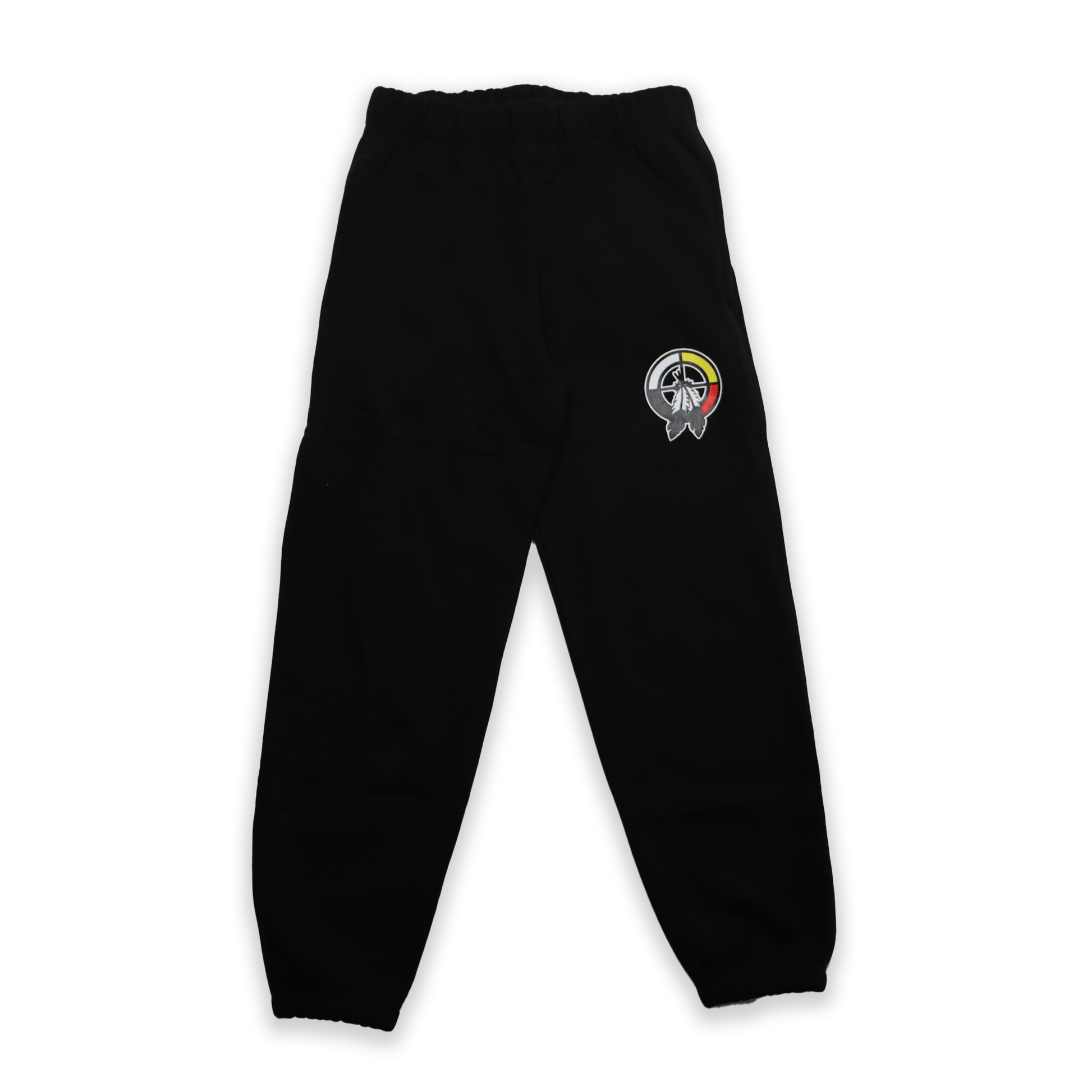 Black sweatpants with a colorful logo on a black background