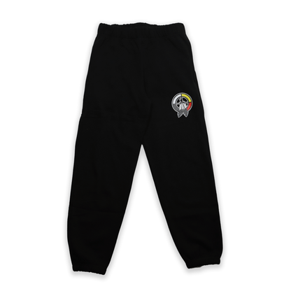 Black sweatpants with a colorful logo on a black background