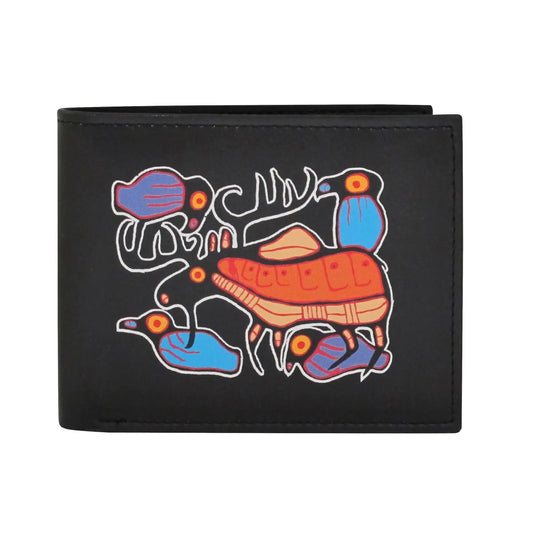 Moose Harmony Men's Wallet featuring artwork by Ojibwa Artist Norval Morrisseau in vibrant colors.