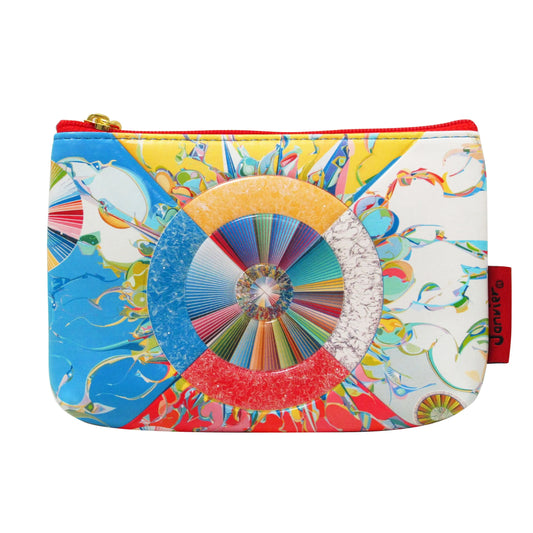 Colorful pouch with abstract design on a white background