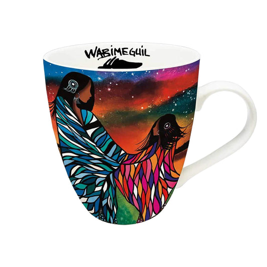 Colorful mug with artistic design of two figures and a starry sky, featuring the brand 'Wabimeguil'.