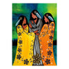 Artistic depiction of three women in traditional attire with a colorful background