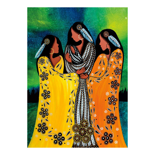 Artistic depiction of three women in traditional attire with a colorful background