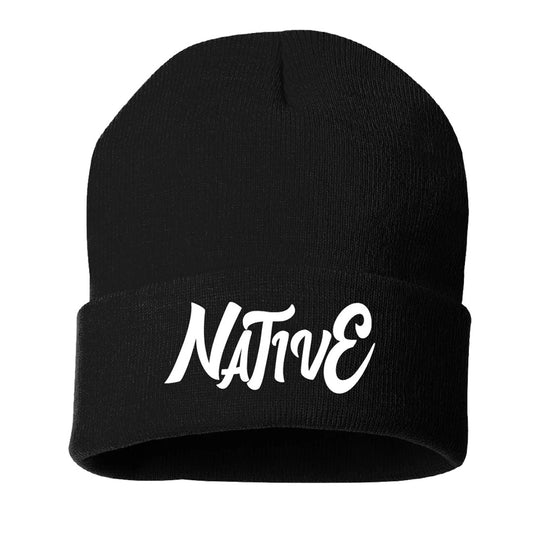 Black beanie with 'NATIVE' embroidered on a white background