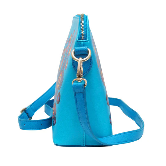 Blue handbag with a gold clasp on a white background