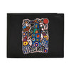 Black wallet with a colorful abstract design on a white background