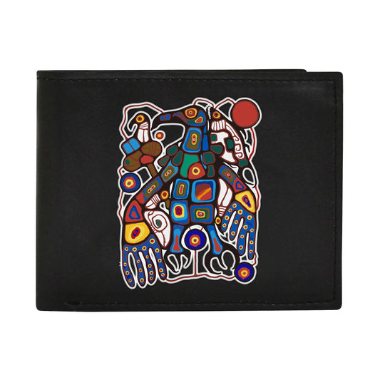 Black wallet with a colorful abstract design on a white background