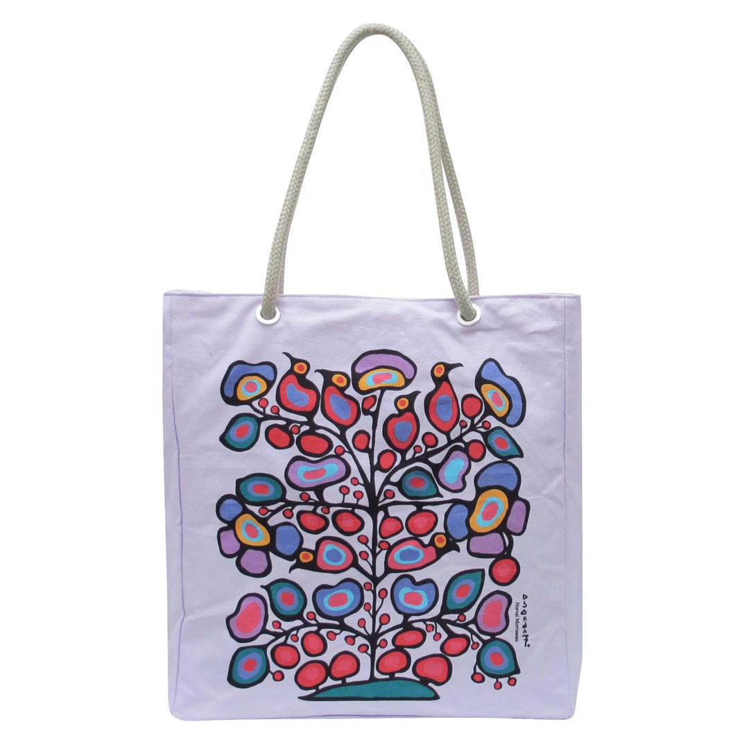 Tote bag with colorful abstract design on a white background