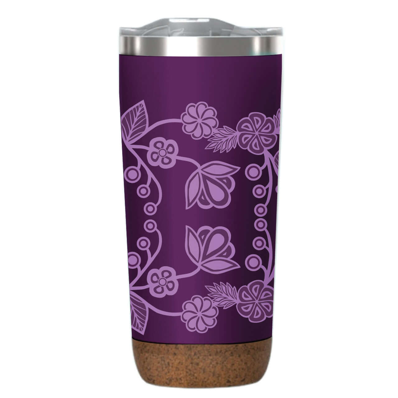 Ojibwe Florals Cork Base Travel Mug featuring a purple design with floral patterns and a stylish cork base.