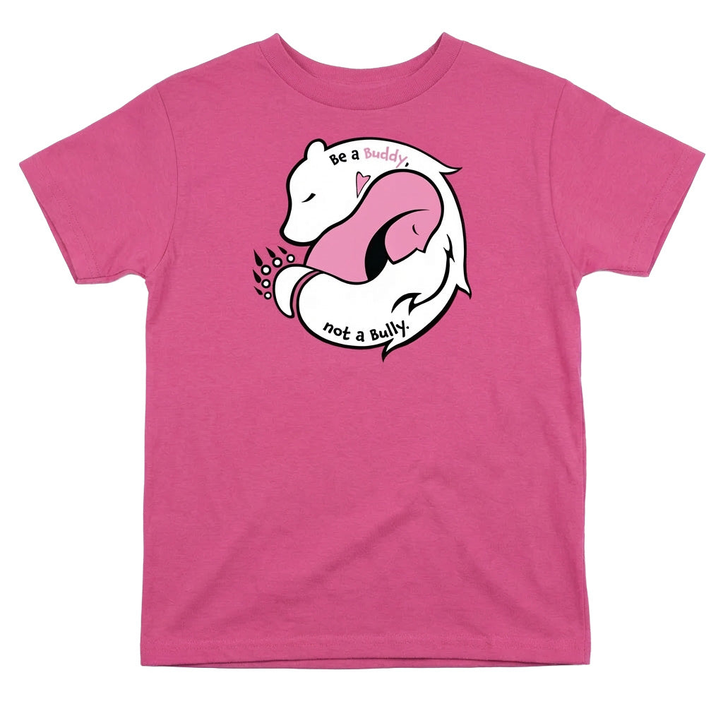 Be a Buddy, Not a Bully - Pink Shirt Day 2026 Youth Tee featuring a friendly design on a pink shirt.